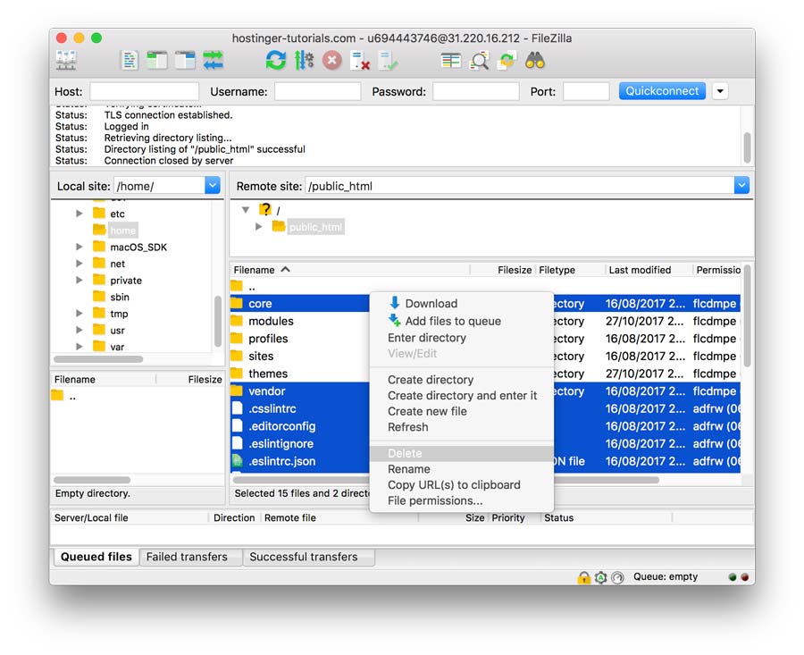 Удаление файлов и каталогов Drupal для обновления