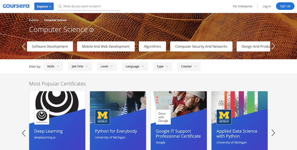 Сайты для Изучения Программирования - Снимок страницы с курсами программирования на сайте Coursera