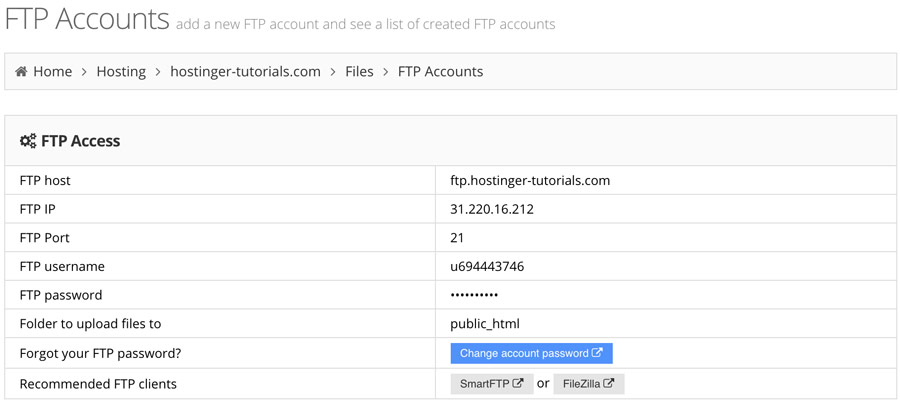 Детали для доступа по FTP - панель управления Hostinger