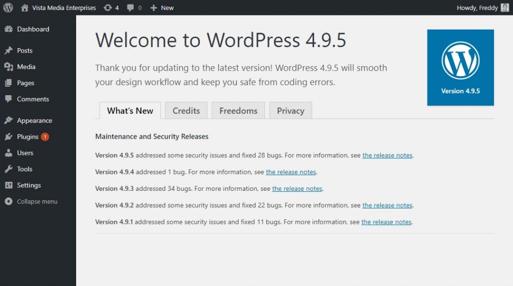 Приветственная страница обновлений WordPress