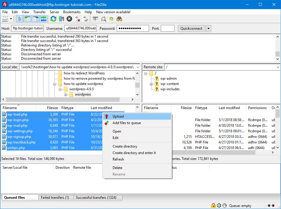 Загрузка отдельных файлов WP через FileZilla