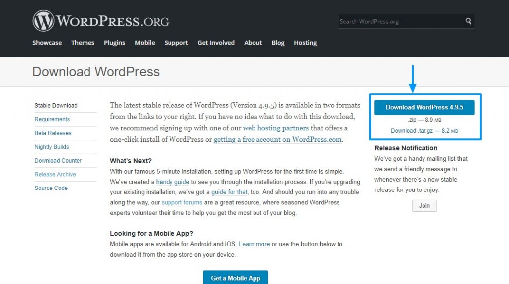 Загрузка новой версии WordPress с сайта wordpress.org