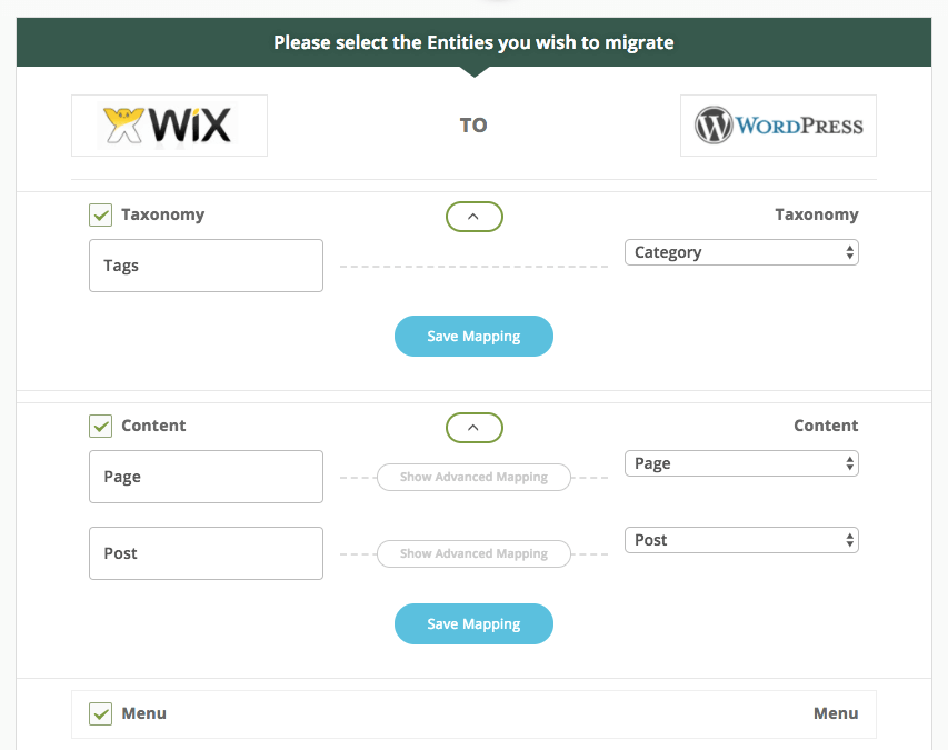 Выбор настроек для переноса сайта с Wix на WordPress