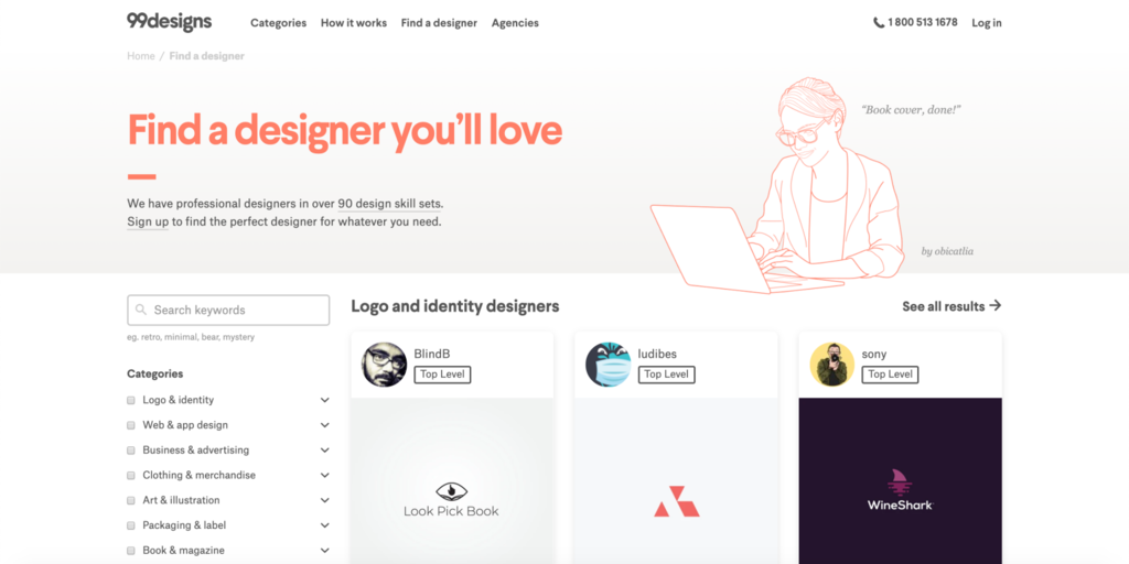 Страница Поиска Дизайнеров на Сайте 99designs