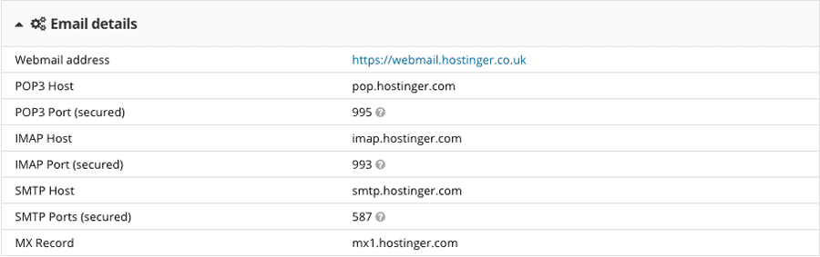 Подробности почтового сервера в панели управления Hostinger