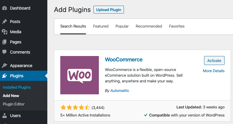 Плагин WooCommerce в Админке WordPress