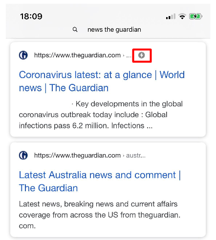 Иконка Молнии Возле Ссылки на Статью Издания The Guardian в Мобильной Выдаче