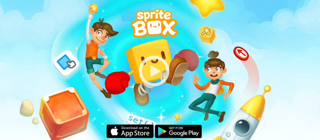 Игра для Изучения Программирования SpriteBox - Главный Экран с Рисунком Мальчика, Девочки и Желтого Кубика