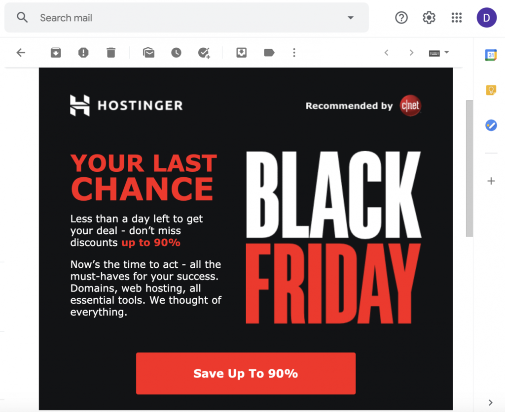 Пример Рекламного Письма на Черную Пятницу от Hostinger